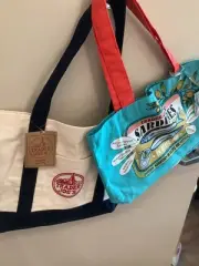 Lot Trader Joe's Reusable Canvas Bag Heavy Duty Bag Blue White and Sardines Tote
