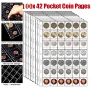 100x 42 Pockets Coin Holder Folder Pages Sheet For Collection Album Storage Book