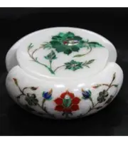 Coffee Inlay Work White Marble Water tea Coaster Precious Stone Malachite Flower