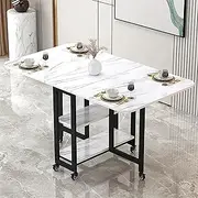Mobile Folding Dining Table, Drop Leaf Table with 2 Open Storage Shelves, Extendable Rectangular Drop Leaf Table with Metal Frame, Rolling Kitchen Dining Table for Small Space Dining Room Kitchen (Co