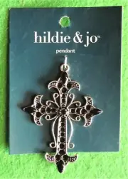 Elaborate Christian Cross Pendant Metal Silver w/ Black Rhinestones Hildie & Jo