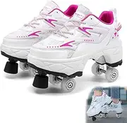 [AMMFIT] Roller Skate Shoes with Brake, Walk Deformation Shoes with Double-Row Wheels for Kids and Adults Technical Skateboarding Shoe with Deformed Wheels,Pink-10