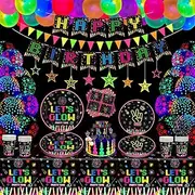 LKITMIUT 178 PCS Glow Neon Party Supplies in The Dark Decorations BlackLight Tableware Set - Plates, Banner, Fluorescent Balloons, Tablecloths, Hanging Stars, Cups, Napkins Serves 20