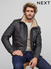Brown Four Pocket Borg Lined Leather Jacket (N29248) | $346