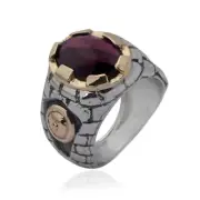 925 Sterling Silver Walls Of Jerusalem With Gold Shield and Garnet Stone Ring