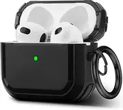 Airpods 3 Case Cover for Women and Men with Keychain, Full Body Military Armor Rugged Cover Case for Airpods 3rd Generation 2021 Front LED Visible - Black
