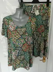 KIM & CO Size L/G Green Blue Orange White Super Stretchy Skirt & Top Outfit NEW