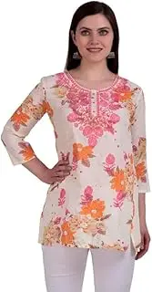 [ladyline] Rayon Printed Embroidered Tunic Top for Womens - 3/4 Sleeves, Hip Length - Blouse Short Kurti