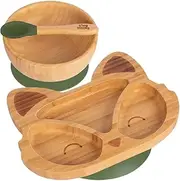 Tiny Dining Baby Dinner Set - Fox - Olive Green - 3pc - Divided Non-Slip Bamboo Self-Feeding Weaning Plate, Bowl & Spoon for Babies, Toddlers, Children