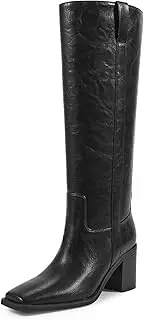 [ISNOM] Knee High Boots for Women, Chunky Boots with Square Toe, Mid Heel, Pull On Tall Boots for Work Date Dress Party Club Shoes