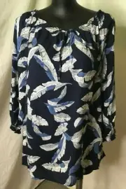 AUTOGRAPH NAVY BLUE "FEATHER PRINT" 3/4 SLEEVE PEASANT TOP SZ 20-NEW REDUCED $