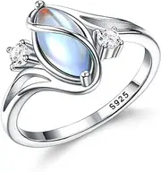 [Sanfenly] 925 Sterling Silver Rings for Women Moonstone Ring Rainbow Cubic Zirconia Accents Ring Solitaire Gemstone Statement Rings 18K Gold Plated Silver Rings
