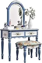 CUPKEE Vintage Makeup Vanity Desk, Vanity Makeup Table with Arched Mirror, Upholstered Stool and 2 Storage Drawers, Dressing Table Set for Bedroom