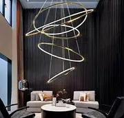 Large Modern LED Chandelier Lighting for Villa Staircase,5 Ring Luxury Pendant Light Dimmable Stainless Steel Frame High Ceiling Chandelier Ceiling Light Fixture