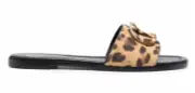 Valentino V Logo Leopard Black Brown Pony Fur Slides Mule Slip On Sandal Flat 37