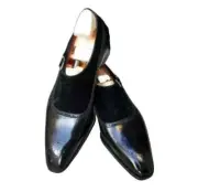 Stylish Handmade Black Leather & Suede shoes Mens Monk Strap Dress Formal Shoes