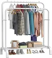 Heavy Duty Double Rail Garment Rack Clothes Rack w/Shoes Storage Shelf(White)