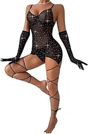 [MINGSEECESS] Women's Sexy Rhinestone Mesh Lingerie Set Underwire Sheer Bra Dress and Thong Panty with Gloves 3 Piece Bodysuit