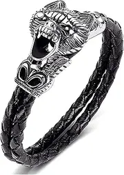 [BOSUGE] Charming Bracelet， Wolf Head Bracelet Domineering Vintage Fashion Viking Double Layer Leather Braided Amulet Jewelry (Size : 18.5CM) (Size :)