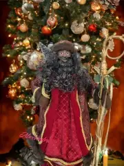 African American Santa Gold & Red Faux fur trim Christmas Tree Topper 19in New