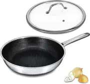 Hybrid Nonstick Frying Pan with Lid 12 Inch,Stainless Steel Honeycomb Silver