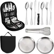 Camping Cutlery Set,Portable Picnic Cutlery Set,Stainless Steel Tableware,Portable Picnic Supplies,with Spoons Forks Plate for Outdoor Camping Hiking Travel (10 Pieces)