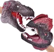 2 x Dinosaur Hand Puppets Realistic Dino Heads Glove Toy Set T-Rex Dilophosaurus