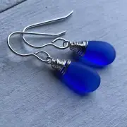 Min Favorit Cobalt Blue Sea Glass Teardrop & Silver Pl Artisan Wrap Earrings