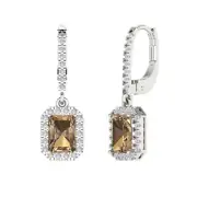 3.57 Emerald Round Cut Halo Champagne Drop Designer Earrings 14k White Gold