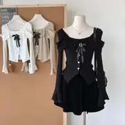Long-Sleeve Square Neck Plain Bow Knit Top Black - One Size