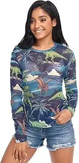 [RPLIFE] Palm Trees Dinosaurs Long Sleeve Fishnet Top, Sexy Sheer Tops for Women S-XXL