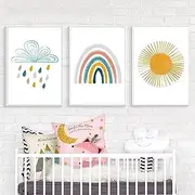 (Wall art) Rainbow Sunshine Cloud Boho Nursery Canvas Nordic Posters and Prints Wall Pictures Baby Kids Room Decor 19.6”x27.5”(50x70cm)3pcs Frameless