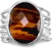 [JewelryWeb] 925 Sterling Silver Oval Tigers Eye Ring Polished Cut Out Band Design-Oval Faceted-Tigers-Eye Size 6-Band Style-Ring for Women and Men