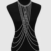 [Bomine] Harness Silver Body Chain Bra Crossover Sexy Body Jewelry Bikini Chains Necklace for Women and Girls (Silver)
