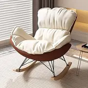 OWELLK Bedroom Upholstered Comfy Rocking Chair Leisure Sofa Rocking Chair Artificial Leather Armchair Mid Century Living Room Rocker Recliner(Off-White+Brown,No Footstool)