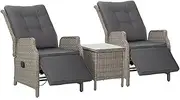Gardeon Recliner Chairs 3 Piece Wicker Sun Lounger Reclining, Outdoor Lounge Setting Patio Furniture Bistro Set Garden, with Coffee Table Cushions Ottoman Adjustable Backrest and Footrest Grey