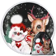Adorable Christmas Reindeer and Snowman Round Beach Towel