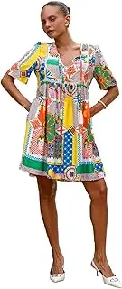 [Heychic] Women's 2025 Bohemian Button Down V Neck Short Sleeve Flowy Beach Mini Dress