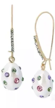 Betsey Johnson Gold Tone White Faux Pearl Egg Shaped Drop Earrings Crystal NIB
