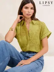 Lipsy Green Burnout Button Through Short Sleeve Shirt (F69824) | $83