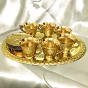 Brass Mughal Tea Cup and Sauce Set - 6 Cups , 6 Saucers, 1 Oval Tray