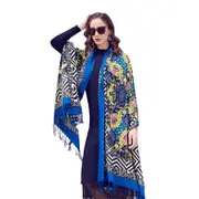 ANYYOU 100% Merino Wool Blue Black-White Silk Satin Large Winter Scarf Pashmina Shawl Bandana Perfect For Women Ladies Fashion Style