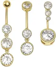 [Niaspi] 3Pcs 14G Stainless Steel Dangle Belly Button Rings Cubic Zirconia Heart Star Round Belly Navel Barbell Rings Belly Piercing Jewelry for Women