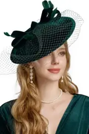 Gatsby-Inspired Dark Green Cocktail Hat with Decorative Feathers and Veil