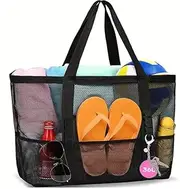 [WOYAODONG] 1Pcs Large Mesh Beach Bag - Sandproof Swim Tote Bag Oversized for Family Foldable Lightweight Pool Boat Bag with Zipper and Extra Pockets for Toys & Vacation Beach Cruise Essentials