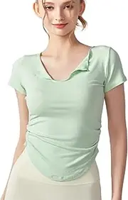Women's Contoured Workout T-Shirt Slim-Fit Yoga Top,Quick-Dry Running Shirt with Side Pleats