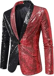 [Generic] Men's Sequins Suit Jacket Shiny Sparkly One Button Blazers Glitter Clothes Party Tuxedo Wedding Prom Festival Costume, B-red, Large