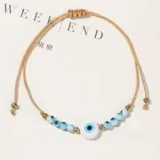 Unisex White & Blue Evil Eye Beaded Minimalist Adjustable Rope Bracelet