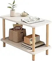 Wooden Bedside Table, Partitioned Storage, Table with Stable Structure, Solid Wood Table Corner, Modern and Simple Double Layer, Suitable for Living Room, Sofa, Balcony, Office (White Large)