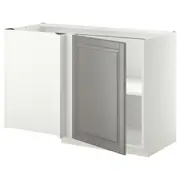 METOD corner base cabinet with shelf, white/Bodbyn grey, 128x68x80 cm